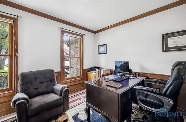 8832 Orchard Lake Rd, Holland, OH 43528 - office with a wainscoted wall and crown molding