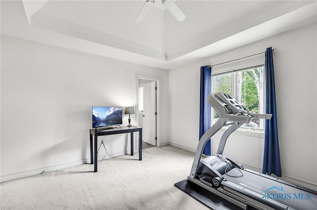 8832 Orchard Lake Rd, Holland, OH 43528 - workout area featuring carpet floors, a raised ceiling, a ceiling fan, and baseboards