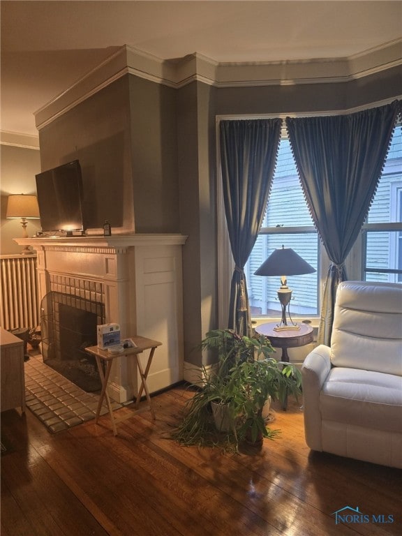 2267 Robinwood Ave, Toledo, OH 43620 - living area with wood-type flooring, crown molding, and a fireplace with raised hearth