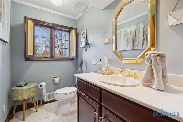 25581 Normandy Rd, Perrysburg, OH 43551 - bathroom featuring toilet, vanity, ornamental molding, and baseboards