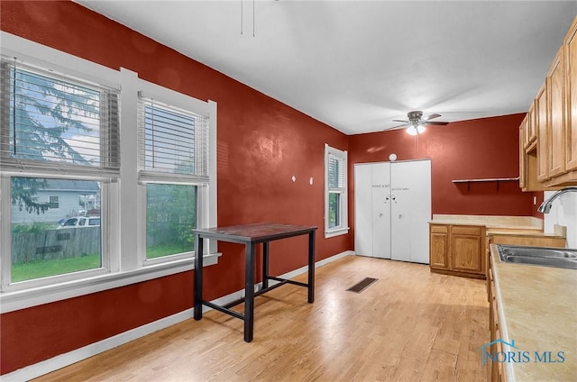 1528 Hirzel St, Toledo, OH 43605 - kitchen featuring a sink, light wood-style flooring, light countertops, a ceiling fan, and baseboards