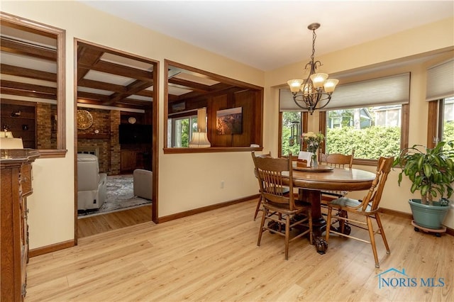 2439 Notting Hill Rd, Toledo, OH 43617 - dining area with a chandelier, light wood-style floors, coffered ceiling, baseboards, and beam ceiling