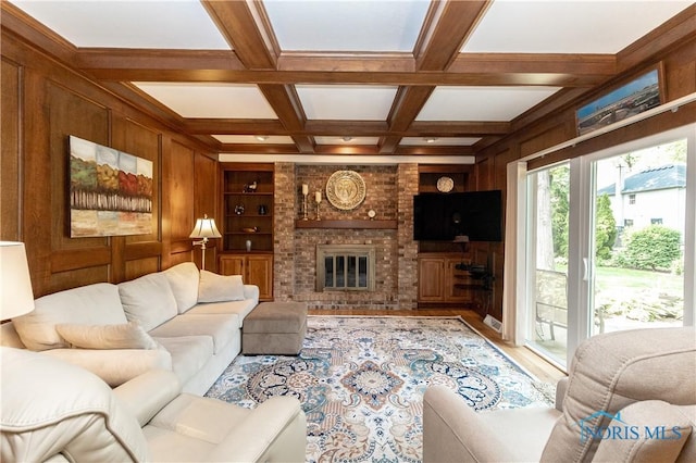 2439 Notting Hill Rd, Toledo, OH 43617 - living room featuring wooden walls, built in features, beamed ceiling, coffered ceiling, and wood finished floors