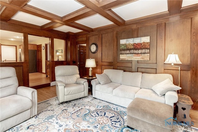 2439 Notting Hill Rd, Toledo, OH 43617 - living room featuring coffered ceiling, wood finished floors, beamed ceiling, and wood walls