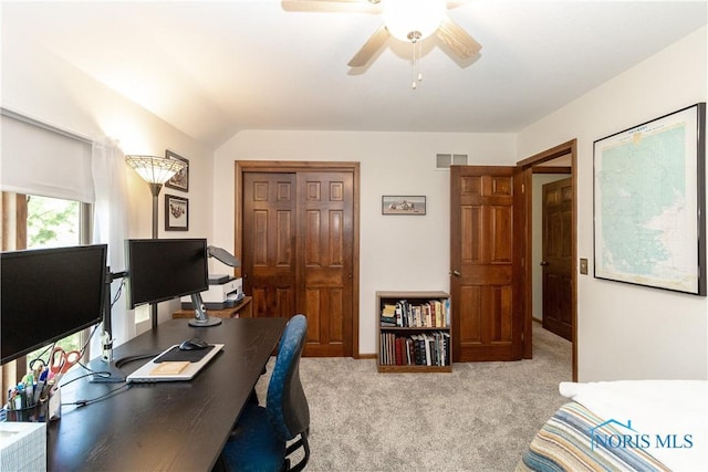 2439 Notting Hill Rd, Toledo, OH 43617 - office space with light colored carpet, ceiling fan, lofted ceiling, and baseboards