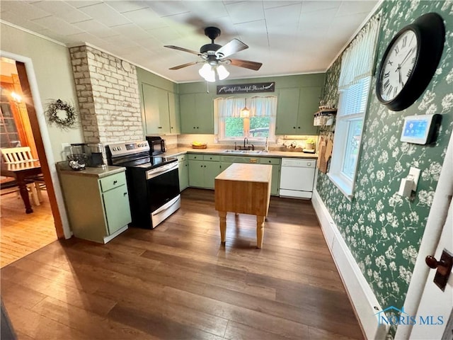 1520 S Clinton St, Defiance, OH 43512 - kitchen with green cabinetry, stainless steel range with electric cooktop, white dishwasher, a sink, and dark wood-style flooring