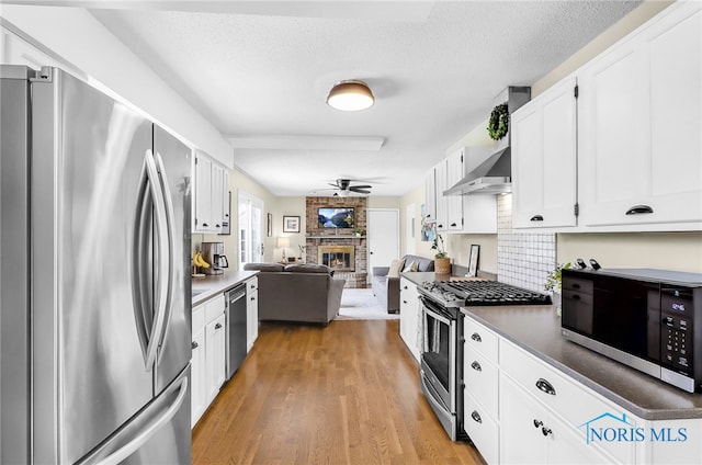 826 Touraine Ave, Bowling Green, OH 43402 - kitchen with appliances with stainless steel finishes, a fireplace, ceiling fan, open floor plan, and light wood-style flooring