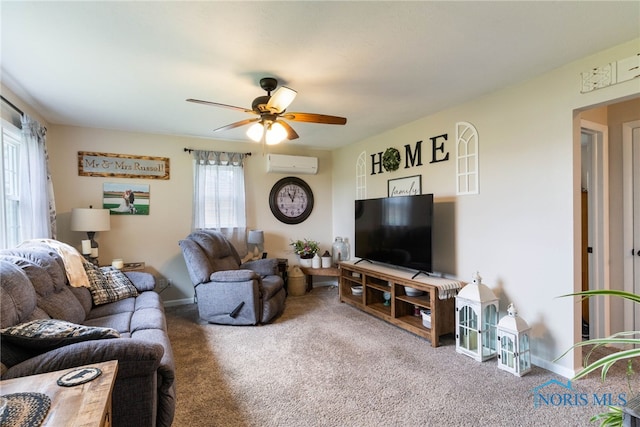8399 W State Route 12, Fostoria, OH 44830 - carpeted living room featuring a wall mounted air conditioner, a ceiling fan, and baseboards