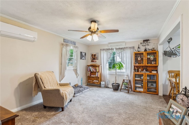 8399 W State Route 12, Fostoria, OH 44830 - sitting room with a wall unit AC, carpet, crown molding, ceiling fan, and a textured ceiling
