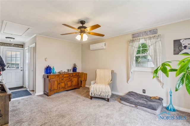 8399 W State Route 12, Fostoria, OH 44830 - sitting room featuring a wall unit AC, healthy amount of natural light, carpet, attic access, and ornamental molding