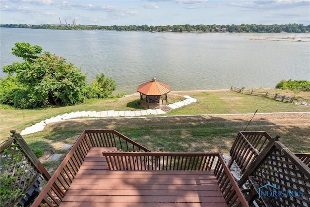 2543 Broadway St Unit 2543, Toledo, OH 43609 - wooden terrace with a gazebo, a water view, and a lawn