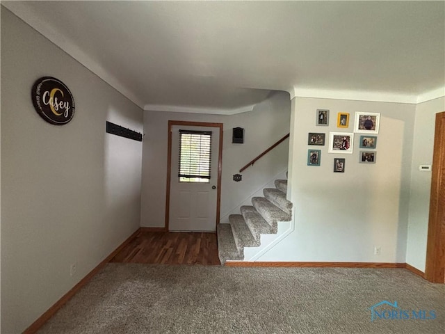 803 W Holland St, Archbold, OH 43502 - foyer with carpet floors, stairway, and baseboards
