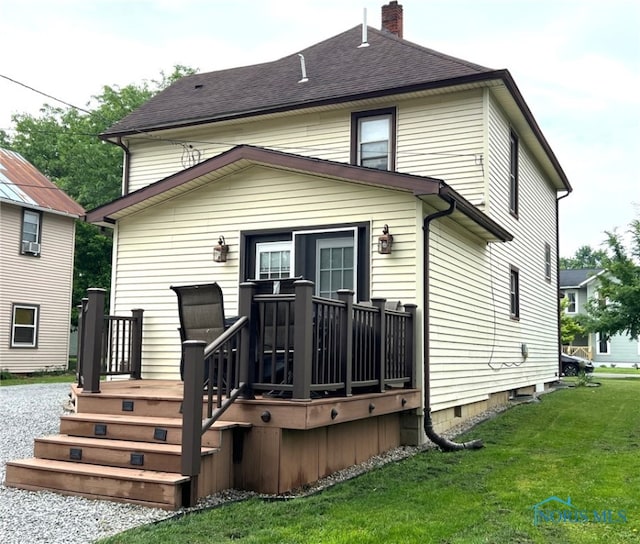 430 W Johnson St, Upper Sandusky, OH 43351 - rear view of house with a chimney, a yard, a deck, and a shingled roof