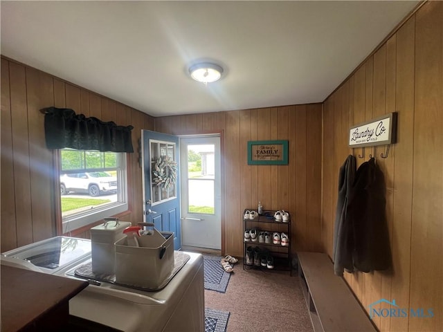 2546 State Route 66, Cloverdale, OH 45827 - laundry area featuring carpet, washing machine and dryer, and wood walls