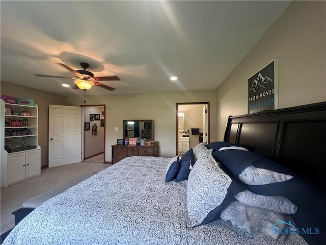 2546 State Route 66, Cloverdale, OH 45827 - bedroom with light colored carpet, connected bathroom, ceiling fan, and recessed lighting