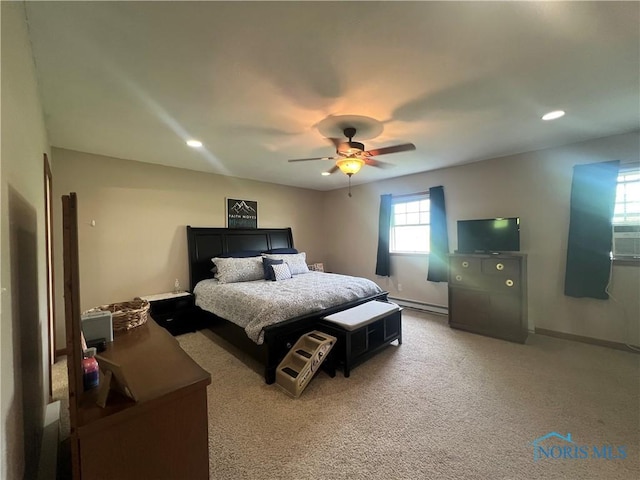2546 State Route 66, Cloverdale, OH 45827 - bedroom with a baseboard heating unit, ceiling fan, light colored carpet, recessed lighting, and baseboards