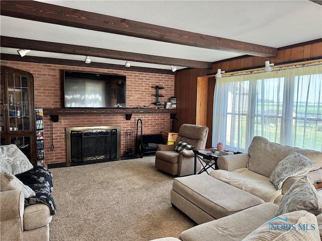 534 S Butternut St, Deshler, OH 43516 - carpeted living area with beam ceiling, a fireplace, and wood walls