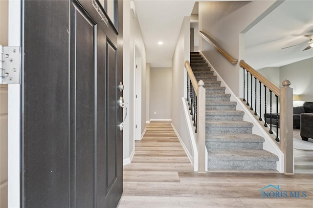8805 Birchfield Rd, Sylvania, OH 43560 - foyer featuring light wood-type flooring, stairway, ceiling fan, baseboards, and recessed lighting