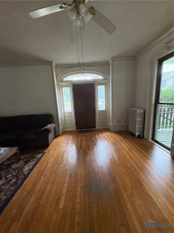 336 Holgate Ave, Defiance, OH 43512 - entryway with radiator, a textured ceiling, wood finished floors, healthy amount of natural light, and ceiling fan