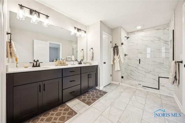160 Bentley Dr, Perrysburg, OH 43551 - bathroom with marble look tile flooring, a marble finish shower, double vanity, and baseboards