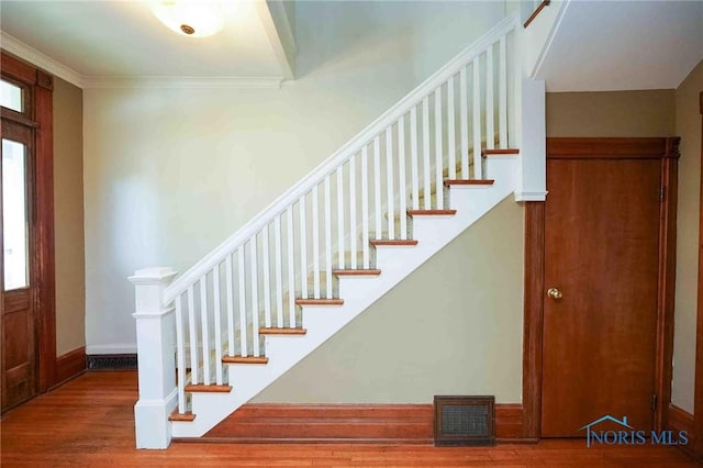 117 3rd St, Findlay, OH 45840 - foyer featuring stairs, wood finished floors, and crown molding