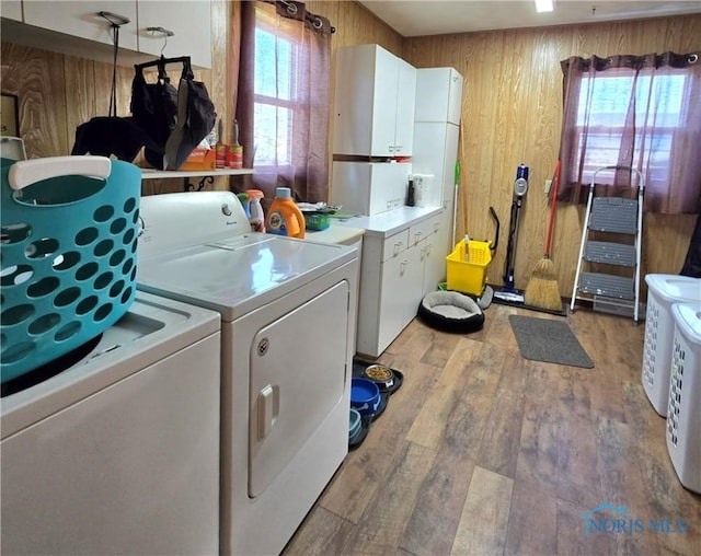 1154 Lagrange St, Napoleon, OH 43545 - laundry area with wooden walls, light wood-style floors, washer and dryer, and cabinet space
