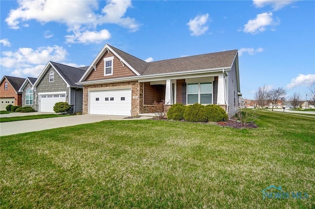 8971 N Park Lake Cir, Sylvania, OH 43560 - craftsman house featuring driveway, a front lawn, stone siding, an attached garage, and a porch