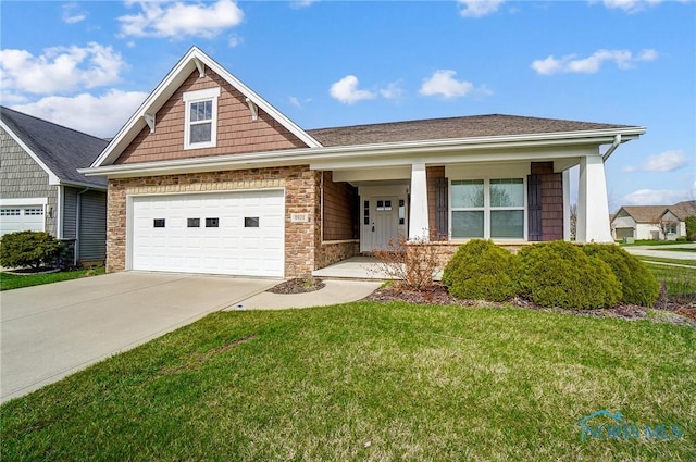 8971 N Park Lake Cir, Sylvania, OH 43560 - craftsman-style home with concrete driveway, a front yard, stone siding, and covered porch