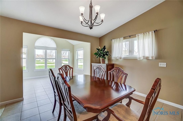 8971 N Park Lake Cir, Sylvania, OH 43560 - tiled dining area featuring vaulted ceiling and a chandelier