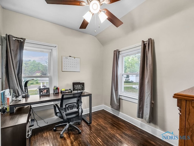 2238 Oak Grove Pl, Toledo, OH 43613 - office with wood finished floors, ceiling fan, baseboards, and lofted ceiling