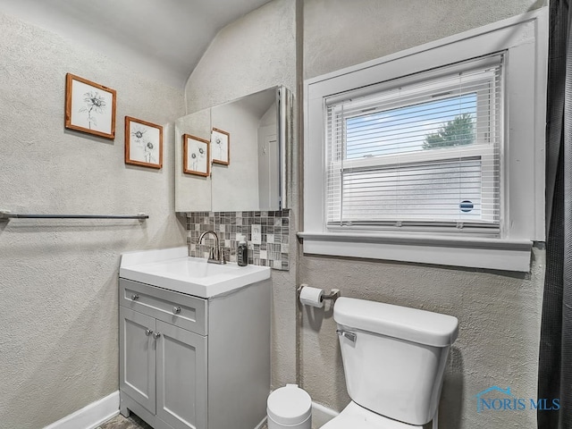 2238 Oak Grove Pl, Toledo, OH 43613 - bathroom featuring vanity, vaulted ceiling, toilet, and a textured wall