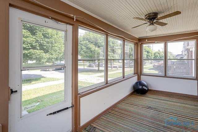 4405 Vermaas Ave, Toledo, OH 43612 - unfurnished sunroom with carpet, a ceiling fan, and wooden ceiling