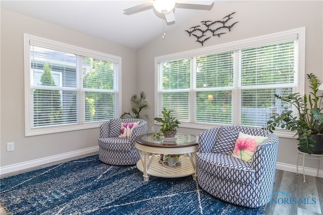 1948 Sunrise Creek Dr, Toledo, OH 43615 - living area with lofted ceiling, a ceiling fan, baseboards, and wood finished floors