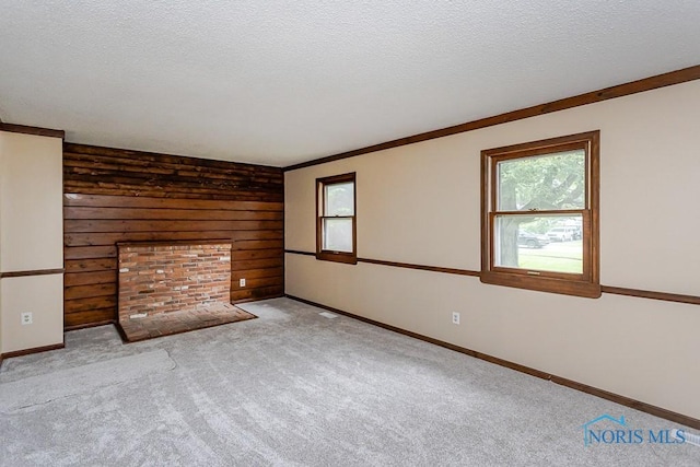716 Maple St, Perrysburg, OH 43551 - unfurnished living room with carpet flooring, wood walls, and a textured ceiling