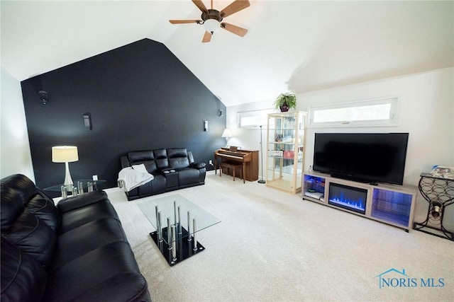 6975 Ramblehurst Rd, Sylvania, OH 43560 - living room featuring ceiling fan, lofted ceiling, and carpet