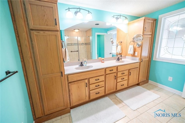 6975 Ramblehurst Rd, Sylvania, OH 43560 - full bathroom with double vanity, a shower stall, and tile patterned floors