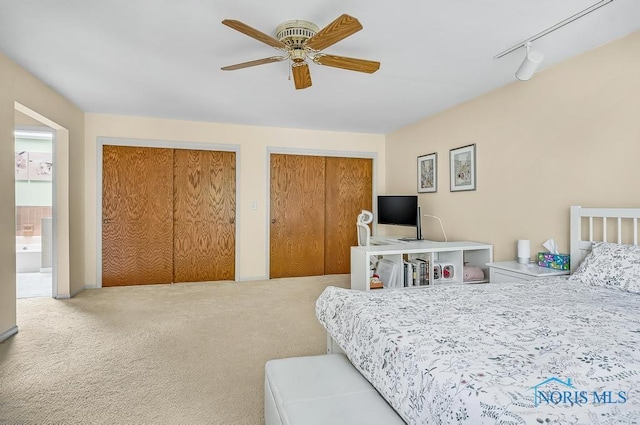 2709 Derby Rd, Ottawa Hills, OH 43615 - bedroom featuring two closets, carpet flooring, track lighting, ceiling fan, and ensuite bath