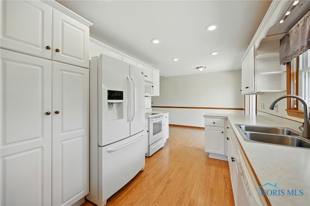 642 Edith Ave, Findlay, OH 45840 - kitchen with white appliances, open shelves, white cabinets, light wood-style flooring, and recessed lighting