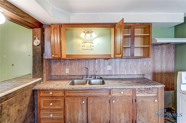 225 2nd St, Latty, OH 45855 - kitchen featuring brown cabinetry, open shelves, and light countertops