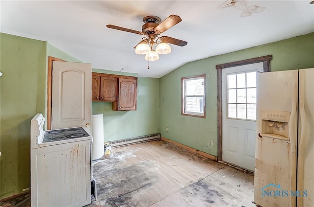 225 2nd St, Latty, OH 45855 - kitchen with white appliances, baseboard heating, lofted ceiling, a ceiling fan, and brown cabinetry