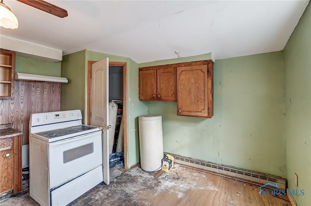 225 2nd St, Latty, OH 45855 - kitchen with electric stove, baseboard heating, open shelves, brown cabinets, and a ceiling fan