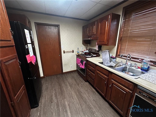 609 E Broadway St, Toledo, OH 43605 - kitchen featuring black appliances, dark wood-style flooring, under cabinet range hood, and light countertops