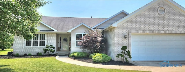 149 Carlee Ln, Findlay, OH 45840 - view of front of home featuring brick siding, a garage, driveway, a front lawn, and a shingled roof
