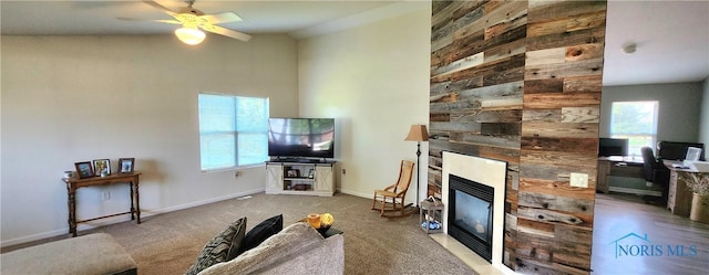 149 Carlee Ln, Findlay, OH 45840 - living room with a ceiling fan and a large fireplace
