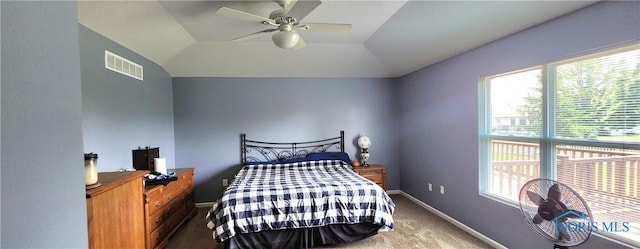 149 Carlee Ln, Findlay, OH 45840 - bedroom with multiple windows, carpet flooring, lofted ceiling, and a ceiling fan