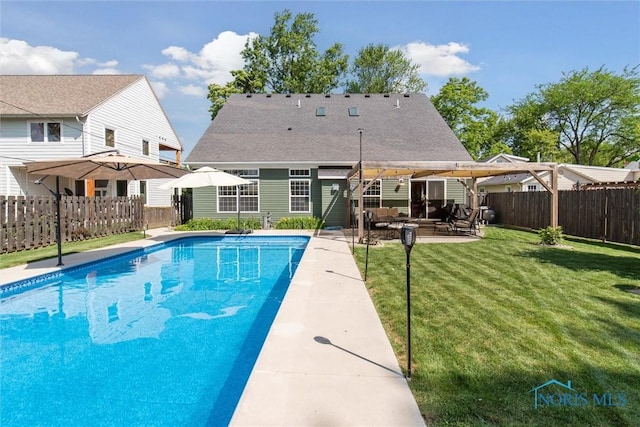 440 W 3rd St, Perrysburg, OH 43551 - view of swimming pool featuring a fenced backyard, an outdoor living space, a patio, and a pergola