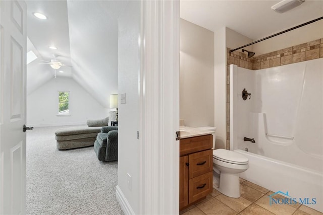 440 W 3rd St, Perrysburg, OH 43551 - full bath with vanity, a ceiling fan, bathtub / shower combination, vaulted ceiling, and recessed lighting