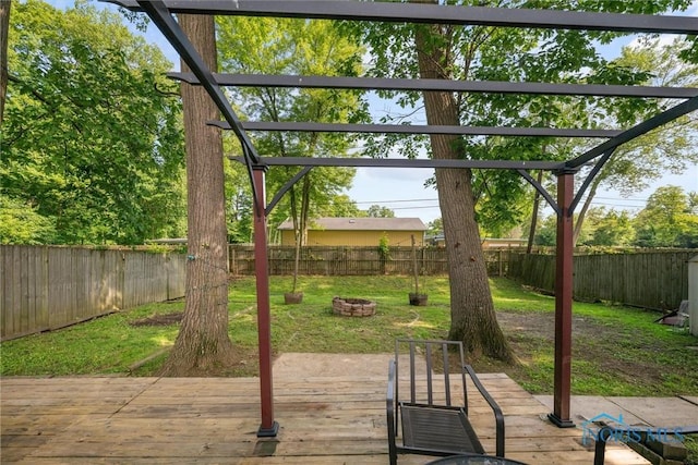 4252 Foxchapel Rd, Toledo, OH 43607 - wooden terrace featuring a fenced backyard and an outdoor fire pit