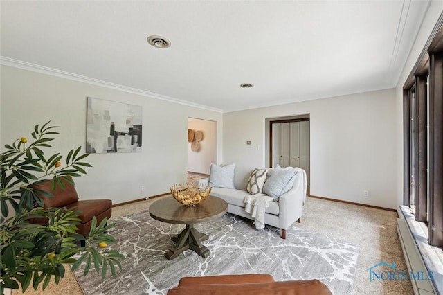 17715 Mitchell Rd, Bowling Green, OH 43402 - living room featuring a baseboard heating unit, light colored carpet, and crown molding