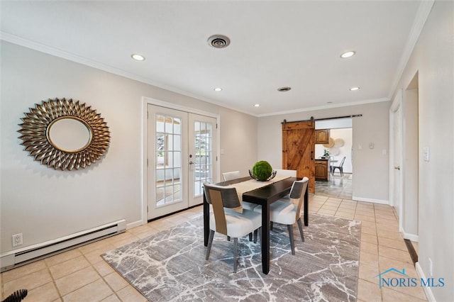 17715 Mitchell Rd, Bowling Green, OH 43402 - dining room with a baseboard radiator, tile patterned floors, ornamental molding, recessed lighting, and a barn door